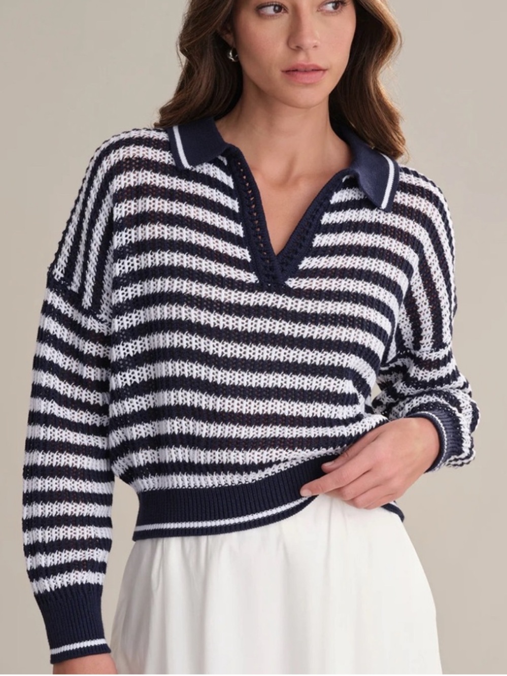 525 America Kimberly Stripe Open Stitch Navy. White Polo Sweater Coastal